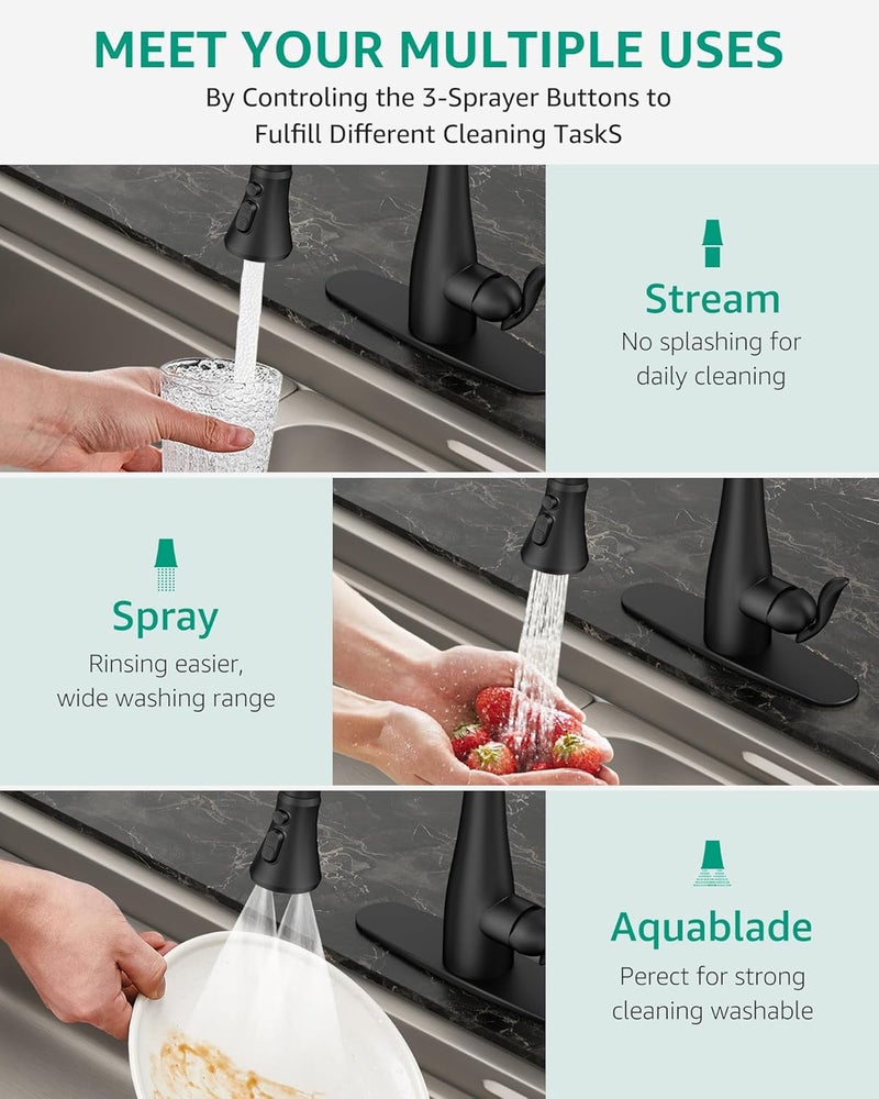 Mbillion Universal Matte Black Kitchen Faucet Spray Head Replacement, 3 Function ABS Sink Faucet Head, Pull-Down Nozzle with 14 Adapters, Compatible with Moen, Delta, Kohler, WEWE American Standard - Image 3